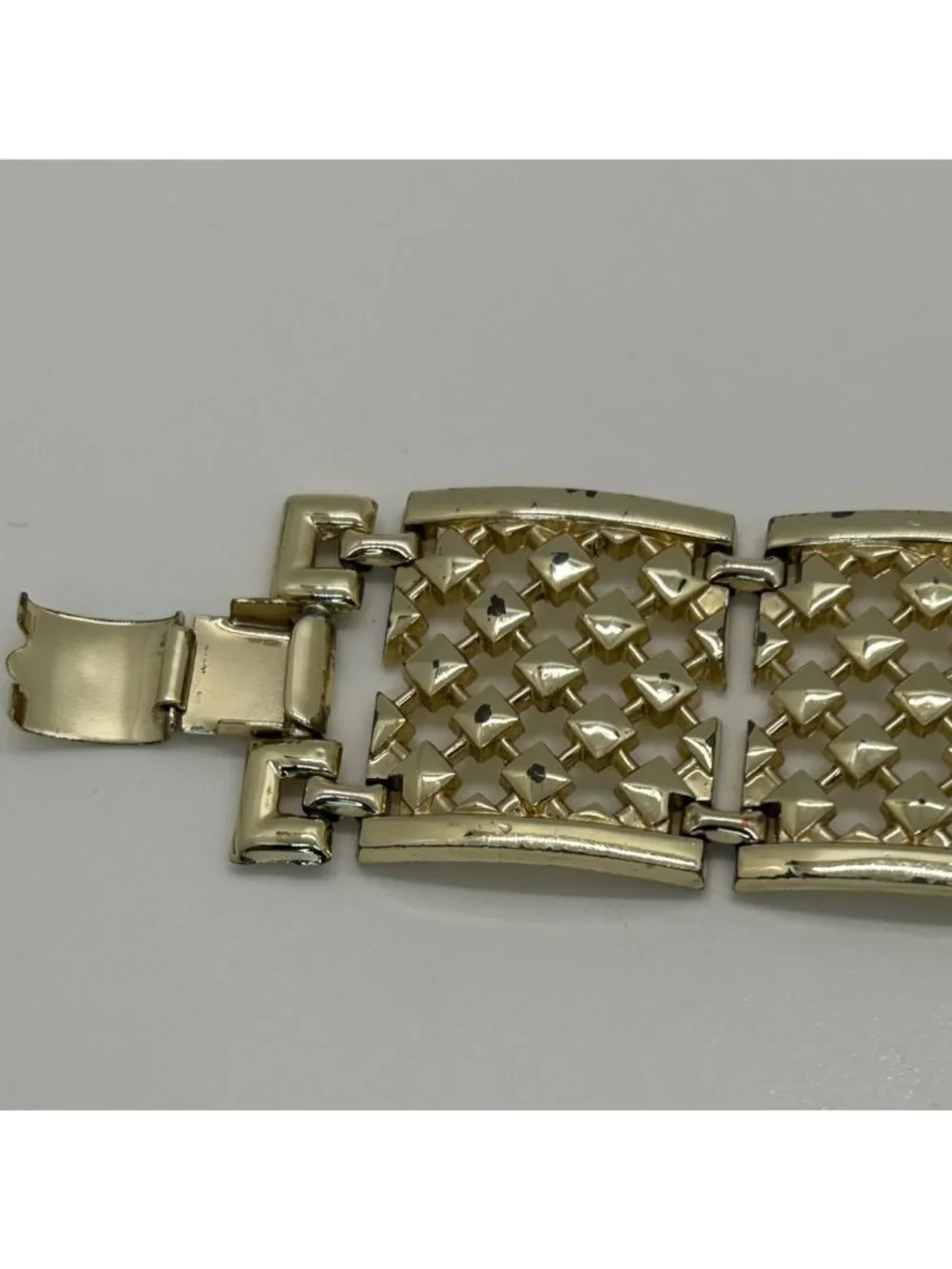 Wide Panel Bracelet Gold-Tone Statement With Fold-Over Clasp 7.5 
